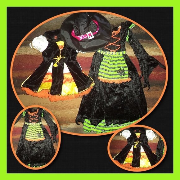 3 PC GOOD WITCH HALLOWEEN COSTUME TULLE CANDY CORN DRESS & HAT GIRLS SIZE 4-6X - Picture 2 of 6